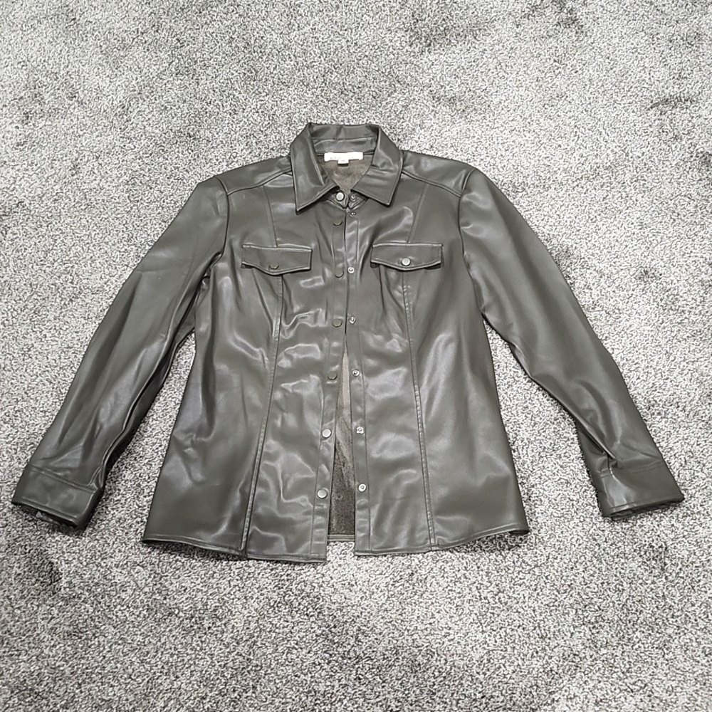 Army Green Color Leatherette Fitted Snap Button Shirt Size M